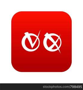 Tick and cross in circles icon digital red for any design isolated on white vector illustration. Tick and cross in circles icon digital red
