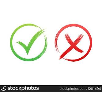 Tick and cross signs. Green checkmark OK and red X icon. Symbols YES and NO button for vote. Vector stock illustration. Tick and cross signs. Green checkmark OK and red X icon. Symbols YES and NO button for vote. Vector stock illustration.