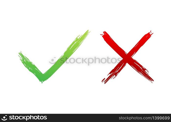 Tick and cross signs. Green checkmark OK and red X icon. Symbols YES and NO button for vote. Vector stock illustration. Tick and cross signs. Green checkmark OK and red X icon. Symbols YES and NO button for vote. Vector stock illustration.
