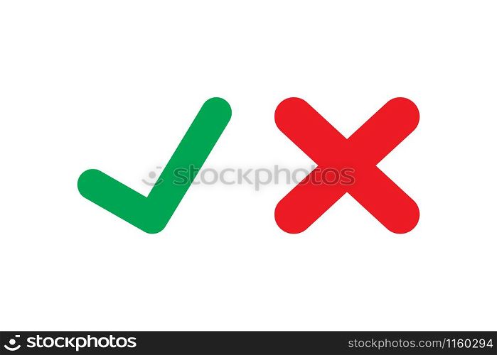 Tick and cross signs. Green checkmark OK and red X icons, isolated on white background