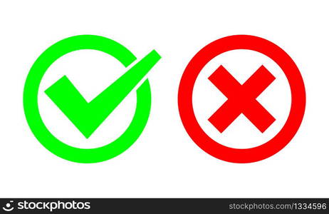 Tick and cross signs. Green checkmark OK and red X icons. Simple marks graphic design. symbols YES and NO button for vote, decision, web. EPS 10