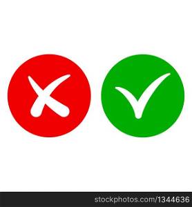 Tick and cross signs isolated on white background. Check mark sign and cross. Green, red circle. Button for ok, yes, no, error, incorrect, cancel and close. Question, poll, test in app or web. Vector.. Tick and cross signs isolated on white background. Check mark sign and cross. Green, red circle. Button for ok, yes, no, error, incorrect, cancel and close. Question, poll, test in app or web. Vector
