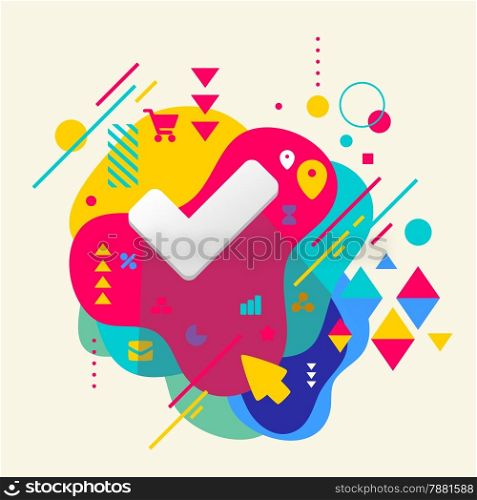 Tick on abstract colorful spotted background with different elements. Flat design.