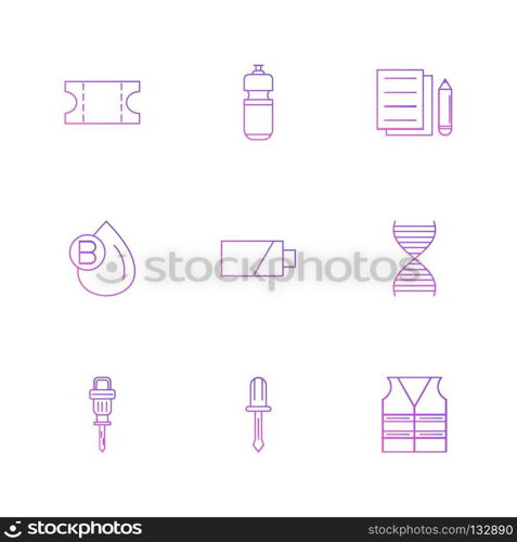 Ticket  , bottle , documents , blood , jack hammer , battery , DNA , safety jacket , screw driver,icon, vector, design,  flat,  collection, style, creative,  icons 