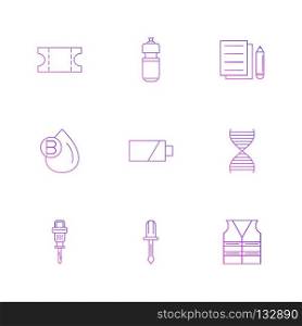 Ticket  , bottle , documents , blood , jack hammer , battery , DNA , safety jacket , screw driver,icon, vector, design,  flat,  collection, style, creative,  icons 