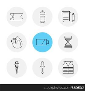 Ticket , bottle , documents , blood , jack hammer , battery , DNA , safety jacket , screw driver,icon, vector, design, flat, collection, style, creative, icons