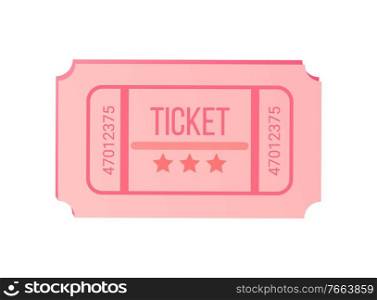 Ticket decorated by stars and numbers, pink seat card in flat design style, advertising or invitation, template of coupon for concert, premium check vector. Check with Stars and Numbers, Pink Ticket Vector
