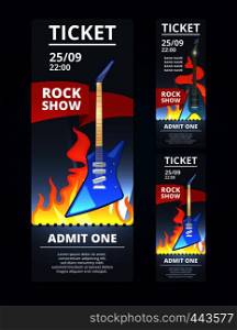 Ticket design template of music event. Poster music with illustration of rock guitar. Banner of music concert ticket to festival show vector. Ticket design template of music event. Poster music with illustration of rock guitar. Banner of music concert