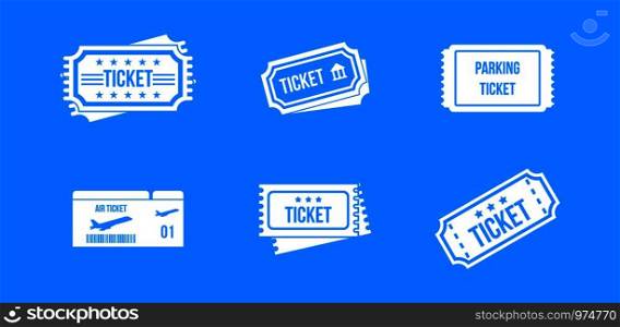 Ticket icon set. Simple set of ticket vector icons for web design isolated on blue background. Ticket icon blue set vector