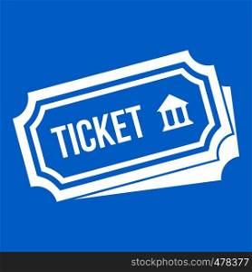 Ticket icon white isolated on blue background vector illustration. Ticket icon white