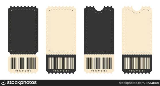Ticket icons. Coupon icons. Different tickets with a barcode. Vector illustration