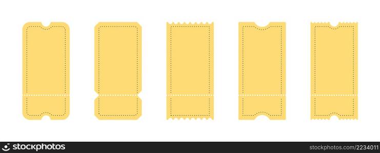Ticket icons. Coupon icons. Various yellow ticket templates. Vector illustration