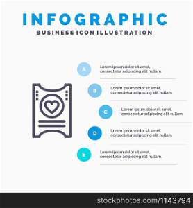 Ticket, Love, Heart, Wedding Line icon with 5 steps presentation infographics Background