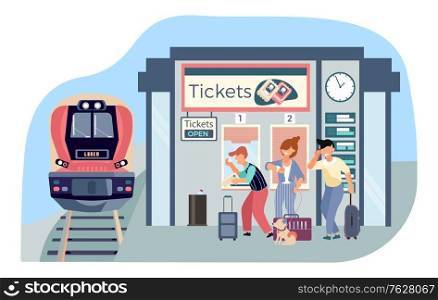 Ticket office railway flat composition with images of arriving train and platform ticketing stall with people vector illustration