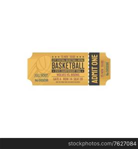 Ticket on basketball game, entry on city central arena, admit one. Vector mockup of retro ticket invitation on sport event, state championship final. Coupon with ball, mention of seat and row. Retro ticket on basketball final game isolated