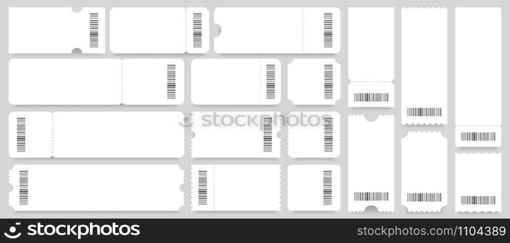 Ticket or coupon template. Empty white tickets mockup, vintage coupons with barcode. Discount voucher card blank, cinema or party invitation entry flyer ticket layout. Isolated vector icons set. Ticket or coupon template. Empty white tickets mockup, vintage coupons with barcode vector set