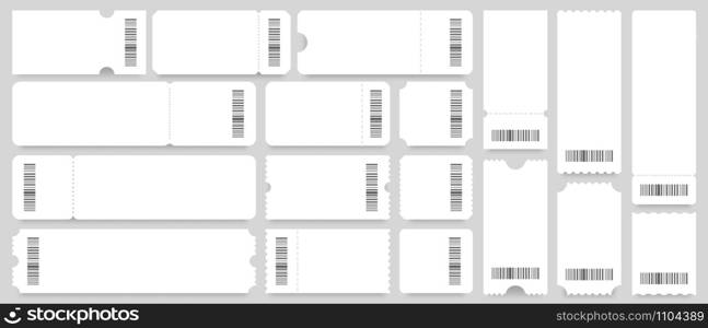 Ticket or coupon template. Empty white tickets mockup, vintage coupons with barcode. Discount voucher card blank, cinema or party invitation entry flyer ticket layout. Isolated vector icons set. Ticket or coupon template. Empty white tickets mockup, vintage coupons with barcode vector set