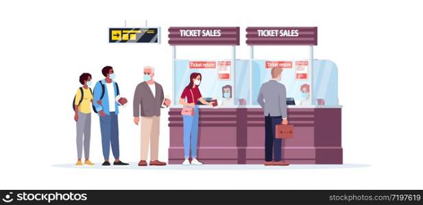 Ticket sales counter semi flat RGB color vector illustration. People in airport queue in medical mask on safe distance. Airplane passengers isolated cartoon character on white background