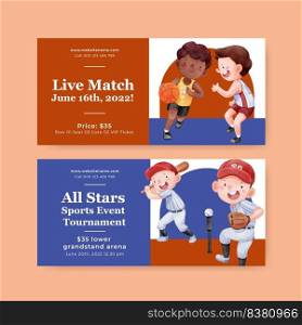 Ticket template with American sport kids concept,watercolor style  