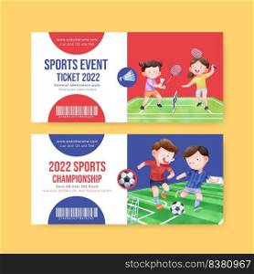 Ticket template with American sport kids concept,watercolor style  
