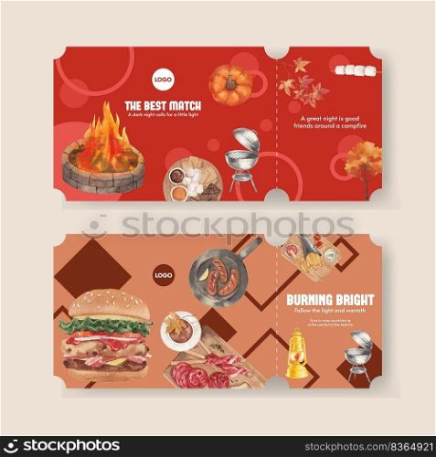 Ticket template with bonfire party concept,watercolor style
