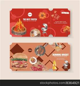 Ticket template with bonfire party concept,watercolor style
