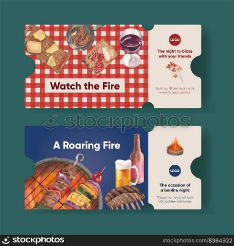 Ticket template with bonfire party concept,watercolor style 