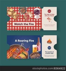 Ticket template with bonfire party concept,watercolor style 