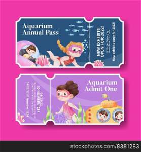 Ticket template with explore ocean world concept,watercolor style 