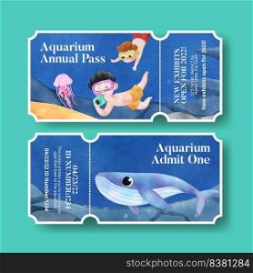 Ticket template with explore ocean world concept,watercolor style
