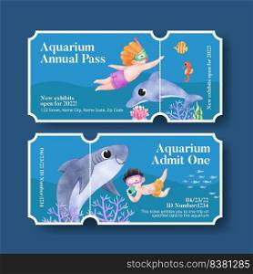 Ticket template with explore ocean world concept,watercolor style
