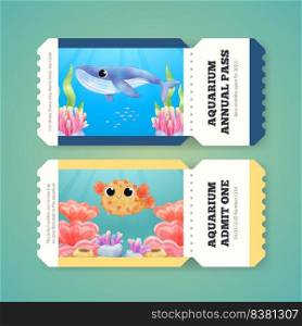 Ticket template with explore ocean world concept,watercolor style 