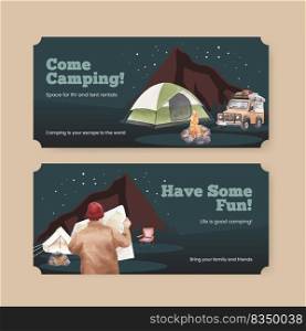 Ticket template with happy camper concept,watercolor style

