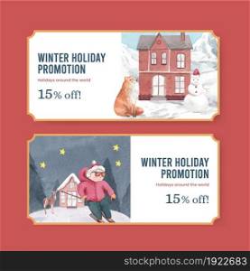 Ticket template with happy winter concept,watercolor style