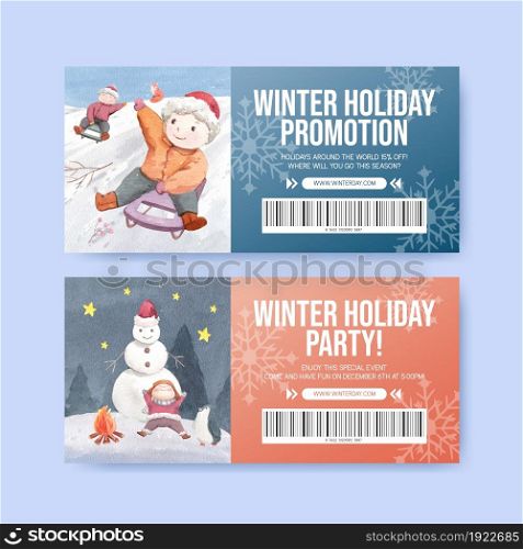 Ticket template with happy winter concept,watercolor style
