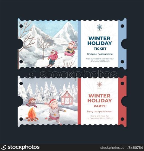 Ticket template with happy winter concept,watercolor style 