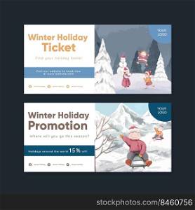 Ticket template with happy winter concept,watercolor style 