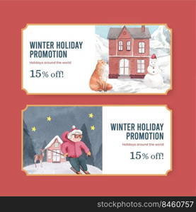 Ticket template with happy winter concept,watercolor style 