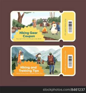 Ticket template with hiking concept,watercolor style   