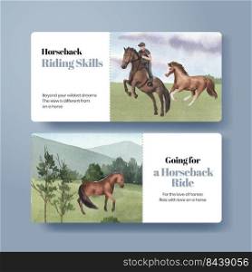 Ticket template with horseback riding concept,watercolor style 