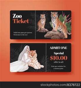 Ticket template with international tiger day concept,watercolor style 