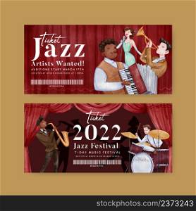Ticket template with jazz music concept,watercolor style. Ticket template with jazz music concept,watercolor style