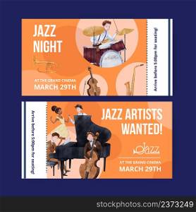Ticket template with jazz music concept,watercolor style. Ticket template with jazz music concept,watercolor style