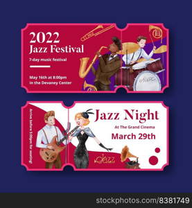 Ticket template with jazz music concept,watercolor style  . Ticket template with jazz music concept,watercolor style    