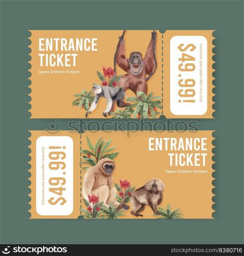 Ticket template with monkey in the jungle concept,watercolor style
