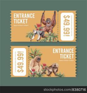 Ticket template with monkey in the jungle concept,watercolor style
