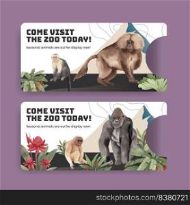 Ticket template with monkey in the jungle concept,watercolor style 