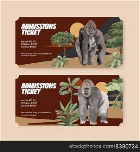 Ticket template with monkey in the jungle concept,watercolor style 