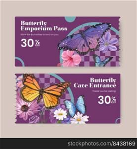 Ticket template with purple and blue butterfly concept,watercolor style 