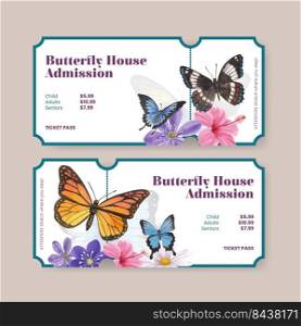 Ticket template with purple and blue butterfly concept,watercolor style 